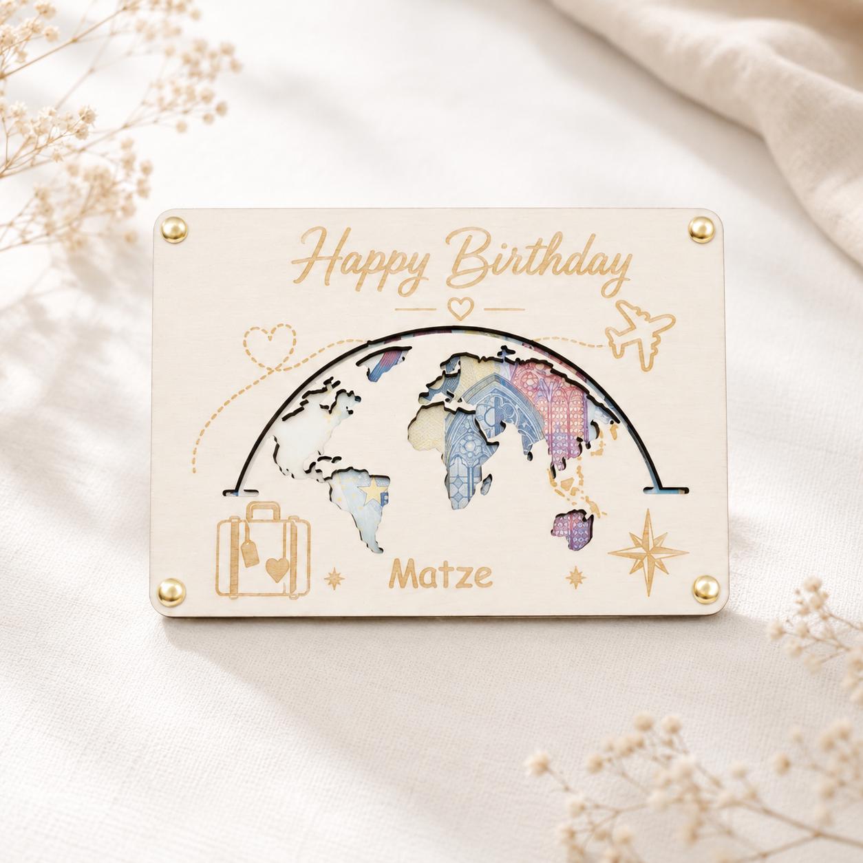 Reisegutschein Geschenk aus Holz mit verschiedenen Motiven für Urlaub, Weltreise und Abenteuer