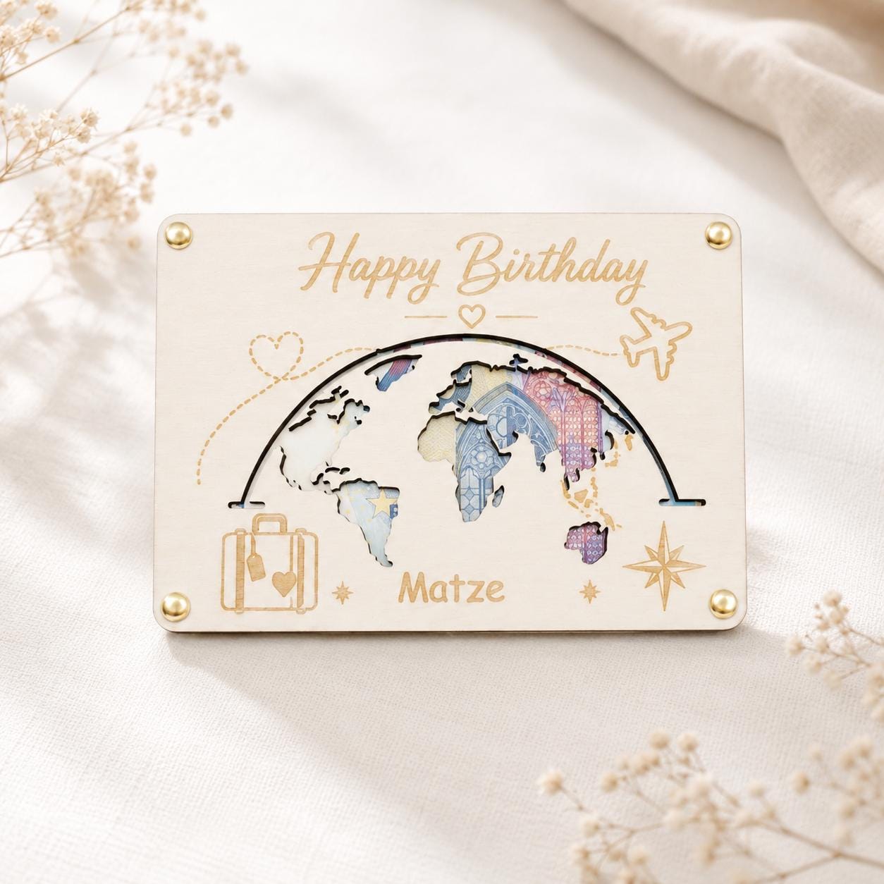 Reisegutschein Geschenk aus Holz mit verschiedenen Motiven für Urlaub, Weltreise und Abenteuer