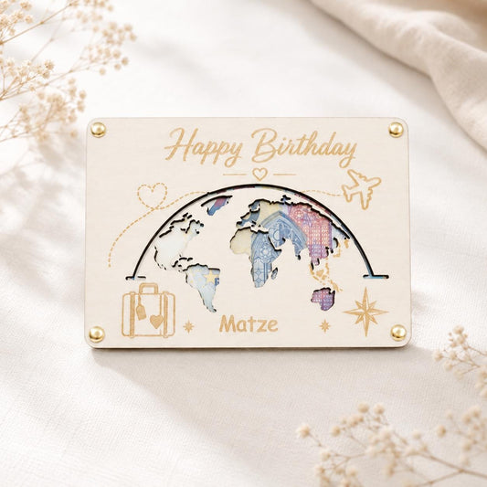 Reisegutschein Geschenk aus Holz mit verschiedenen Motiven für Urlaub, Weltreise und Abenteuer