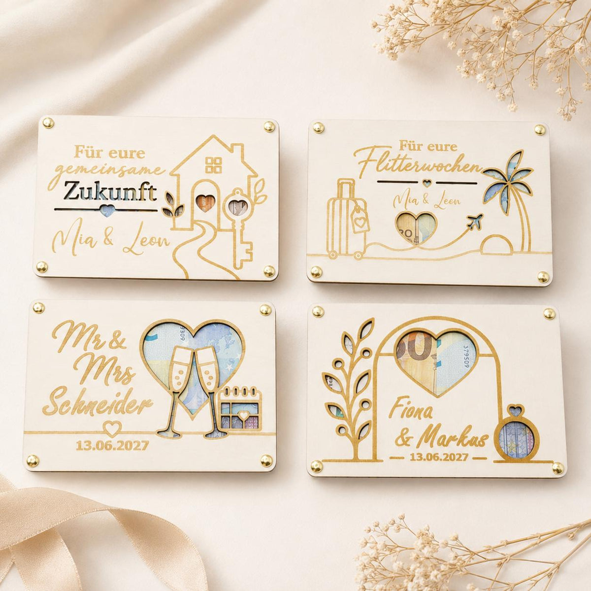 Hochzeitsgeschenk aus Holz mit personalisierten Namen, Datum und Geldschein hinter ausgeschnittenen Herzmotiven
