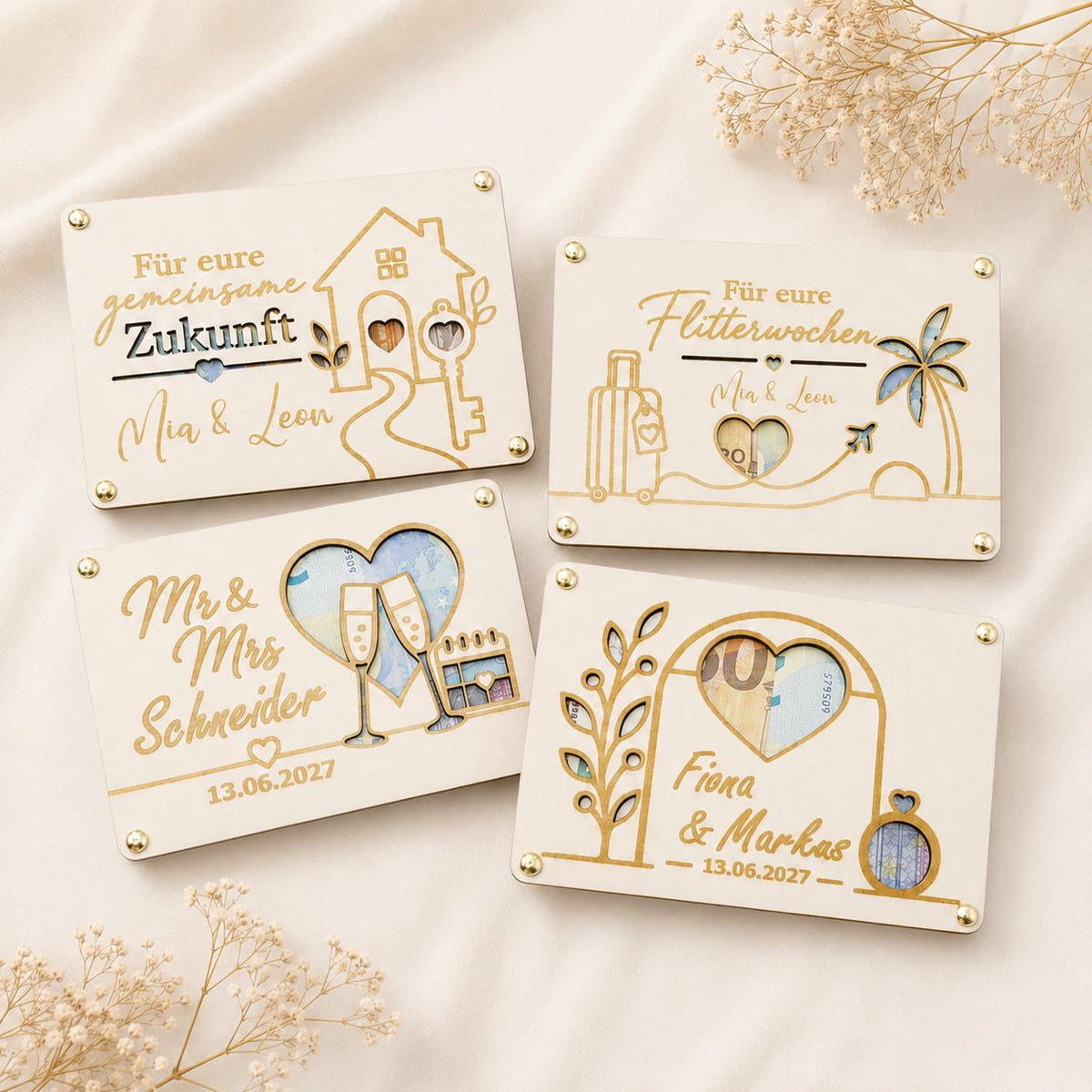 Personalisiertes Geldgeschenk zur Hochzeit aus Holz mit vier verschiedenen Motiven für Brautpaar, Flitterwochen und gemeinsame Zukunft