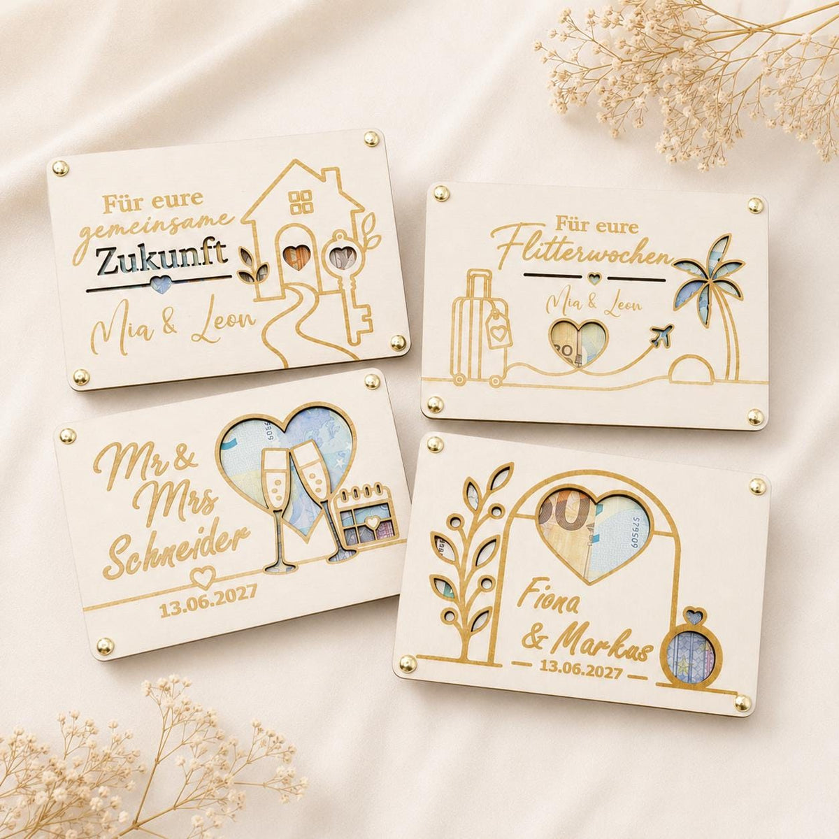 Personalisiertes Geldgeschenk zur Hochzeit aus Holz mit vier verschiedenen Motiven für Brautpaar, Flitterwochen und gemeinsame Zukunft