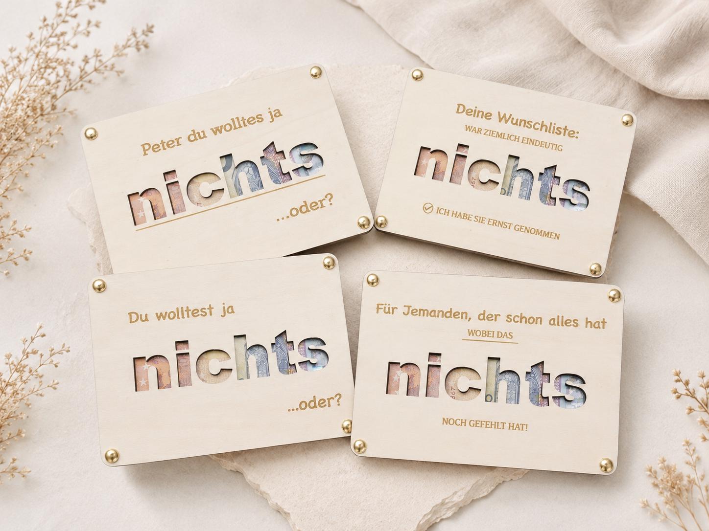 Geldgeschenk nichts aus Holz als lustiges Geburtstagsgeschenk für Männer und Frauen.
