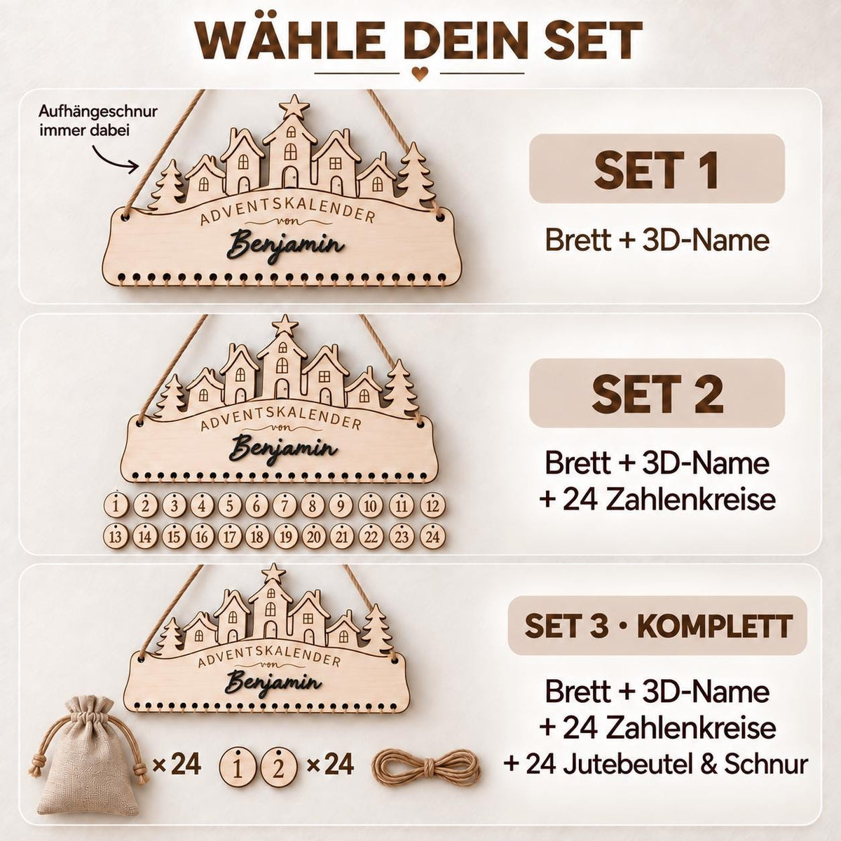 Adventskalender aus Holz mit 3D-Name – Motiv Häuser
