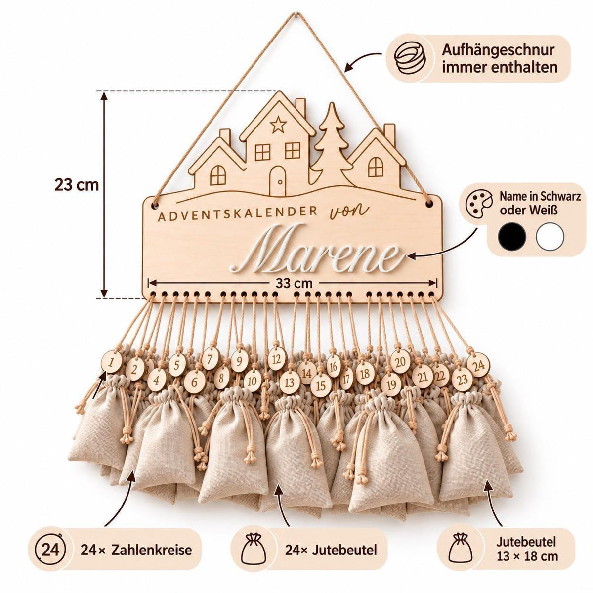 Adventskalender aus Holz mit 3D-Name – Motiv Häuser
