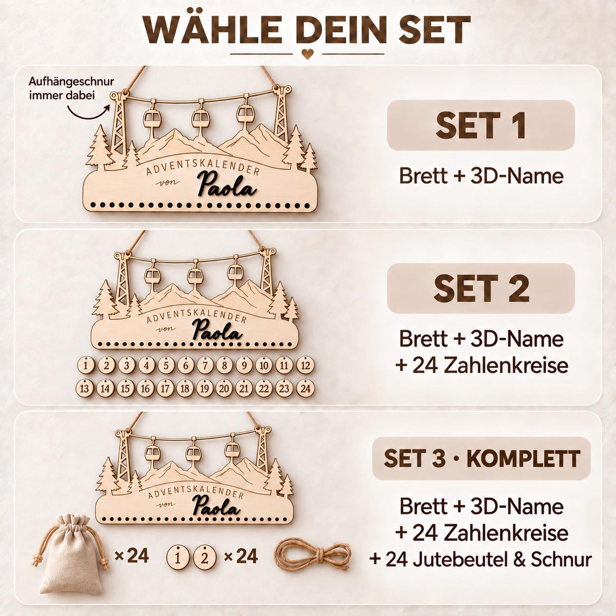 Adventskalender aus Holz mit 3D-Name – Motiv Berge & Gondeln