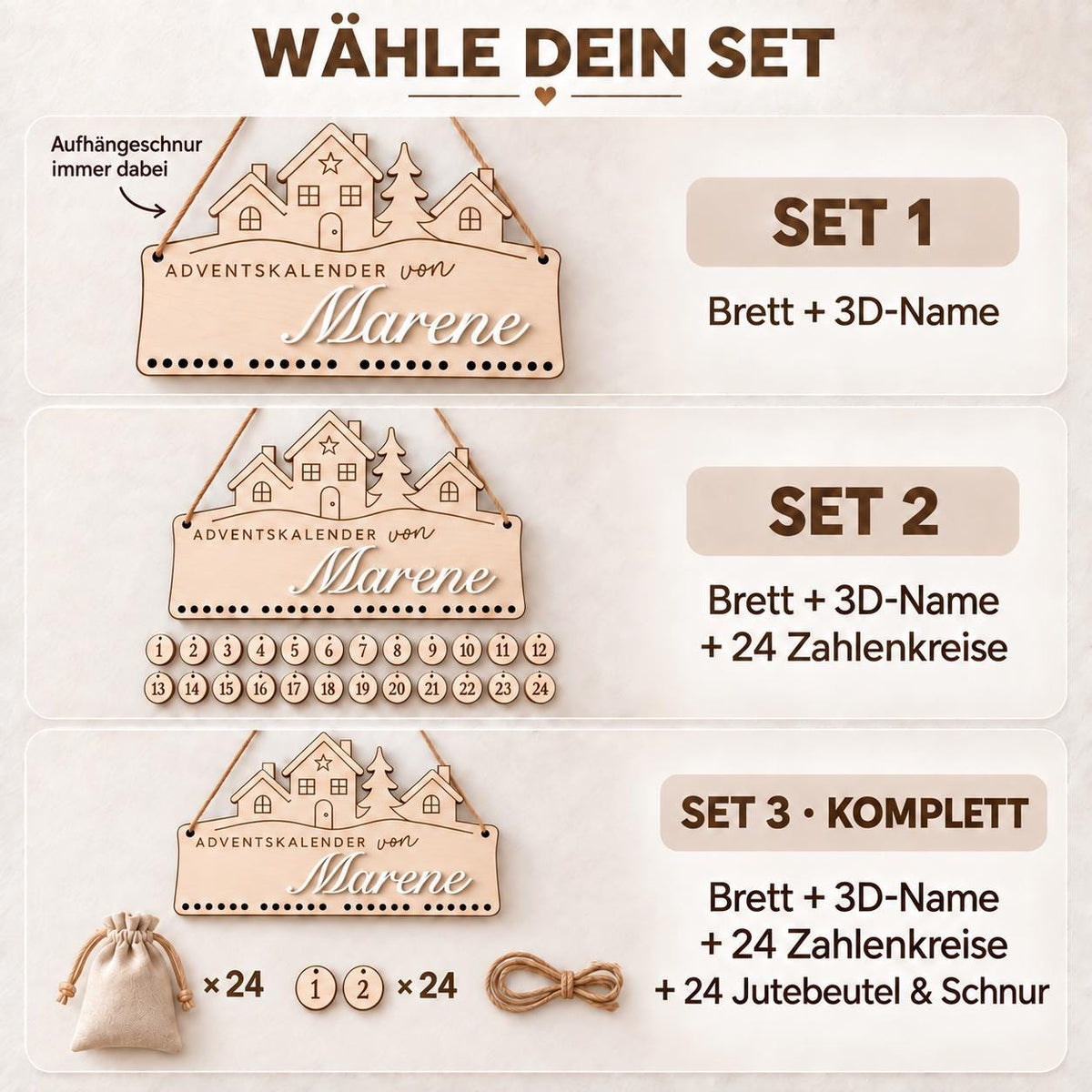 Adventskalender aus Holz mit 3D-Name – Motiv Häuser