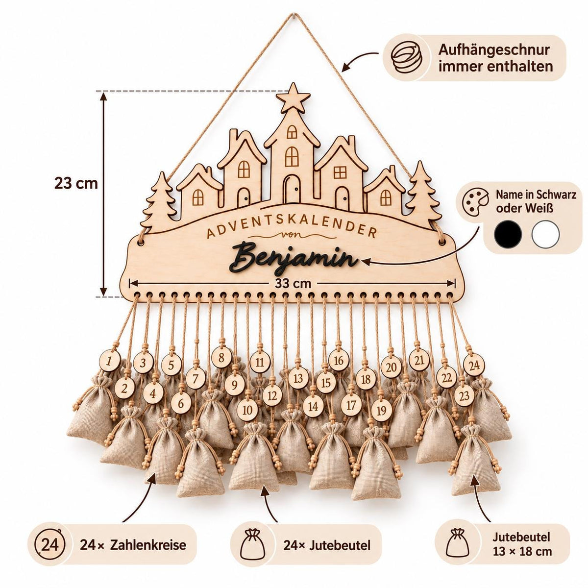 Adventskalender aus Holz mit 3D-Name – Motiv Häuser