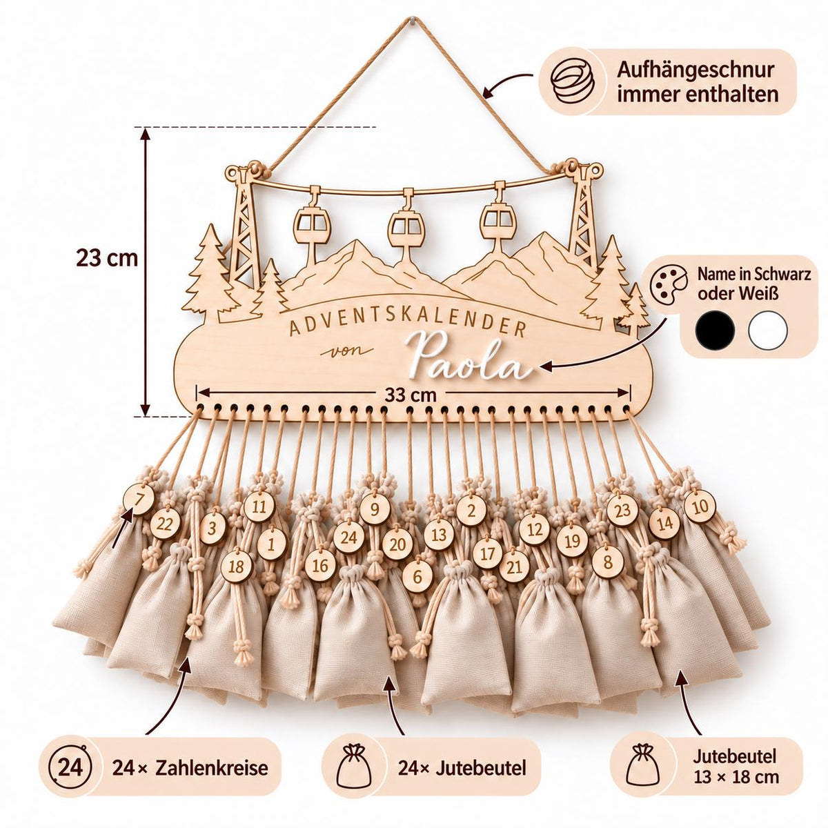 Adventskalender aus Holz mit 3D-Name – Motiv Berge & Gondeln