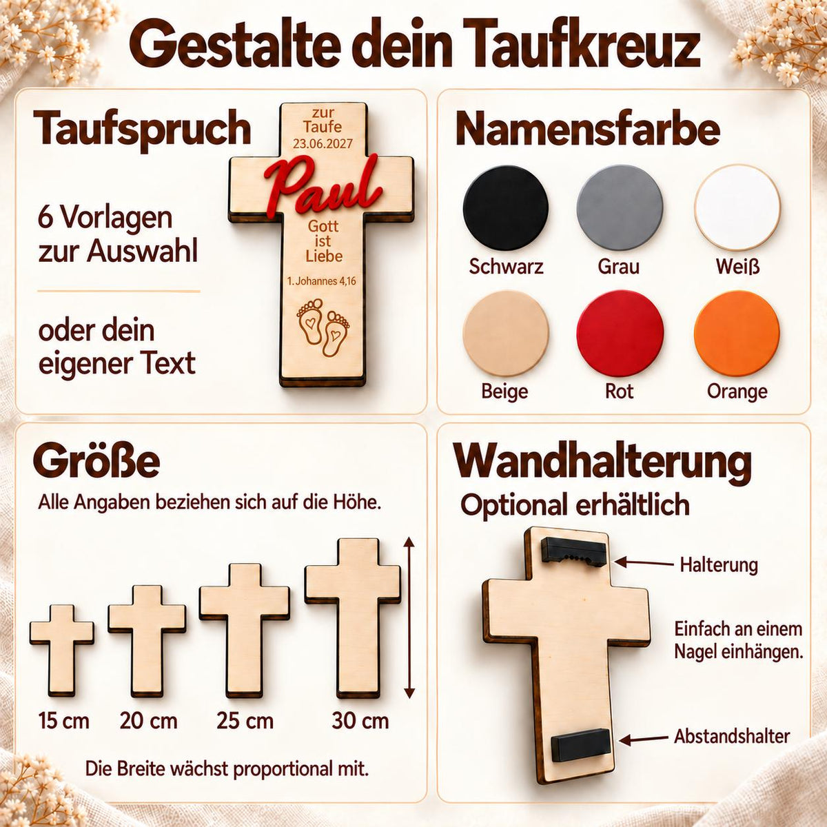 Taufkreuz mit Taufspruch & farbigem Namen