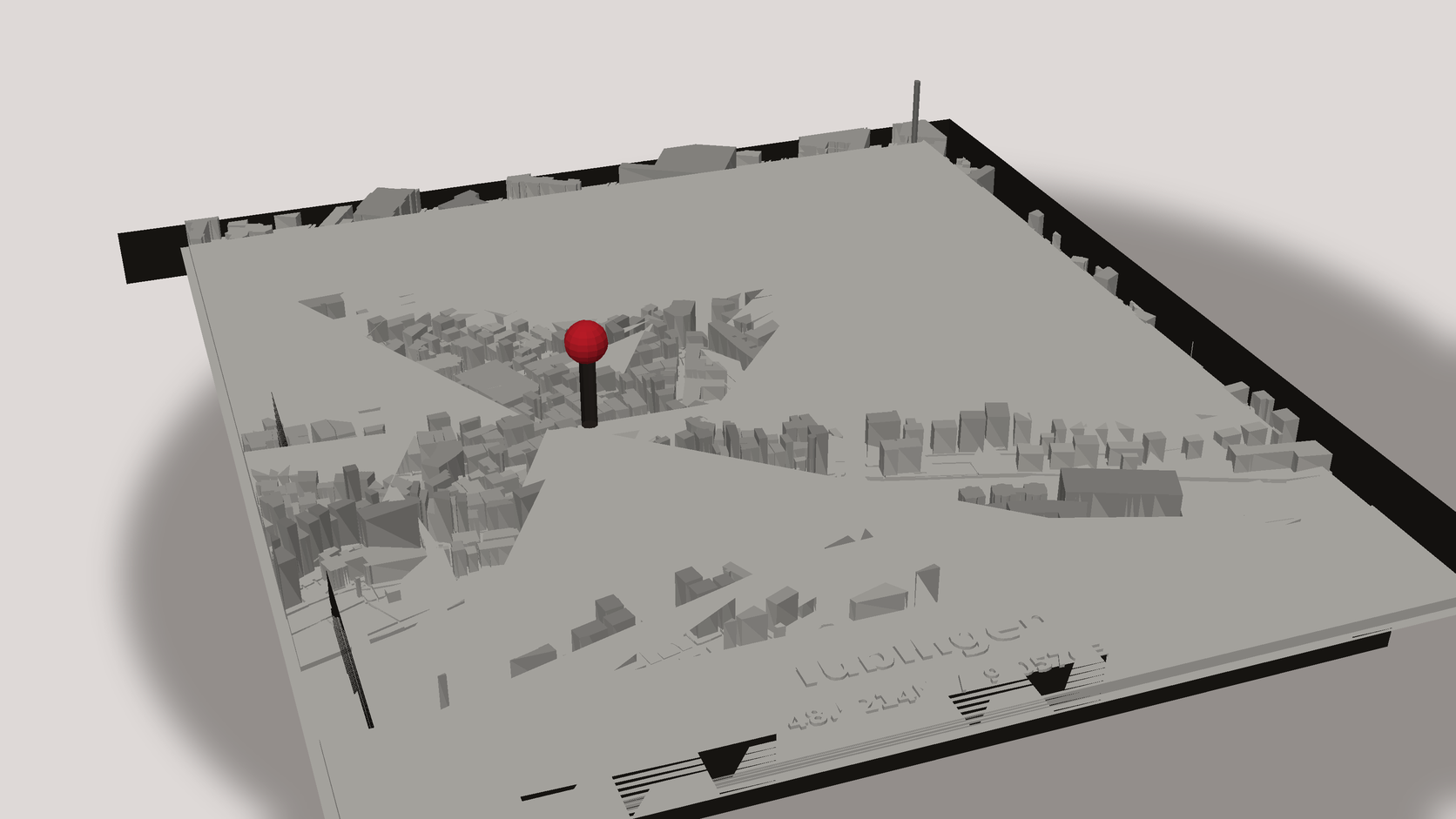 Fertige personalisierte 3D-Stadtkarte mit Ortsname und Koordinaten im schwarzen Rahmen